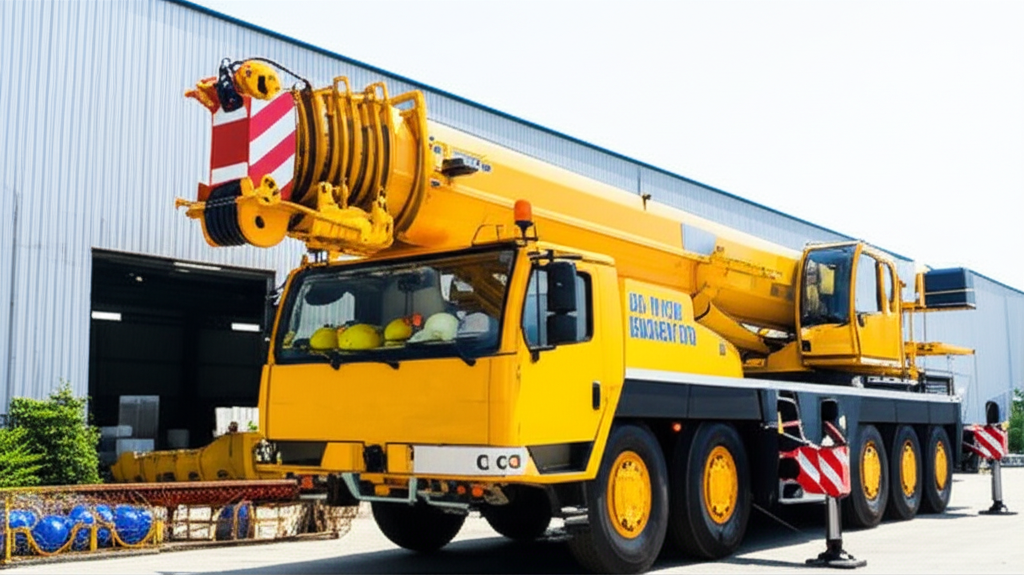 Cầu trục công nghiệp trong nhà xưởng với mũ bảo hiểm và thiết bị an toàn lao động.