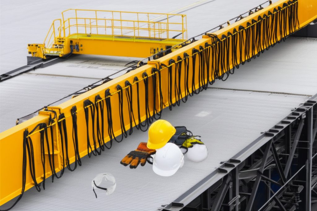 Hình ảnh cầu trục trong môi trường công nghiệp, với các thiết bị bảo hộ lao động đặt gần đó.