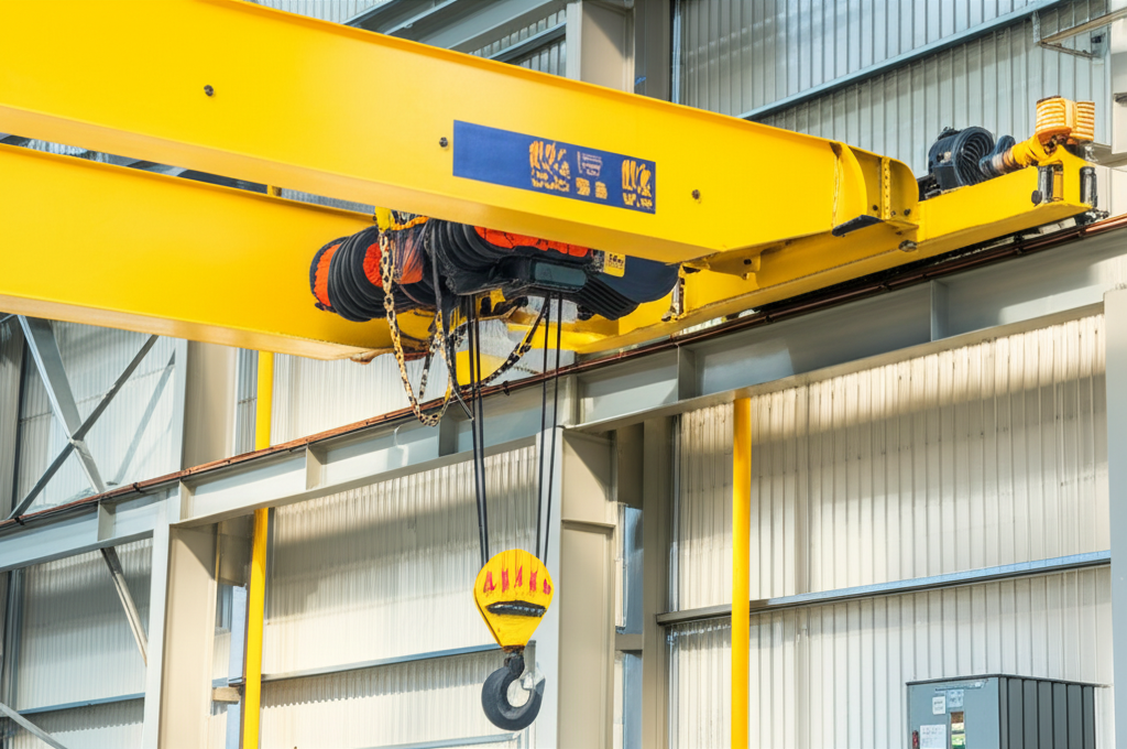 Hình ảnh cận cảnh hệ thống phanh của cầu trục trong môi trường công nghiệp, với trang bị bảo hộ lao động đặt gần đó.