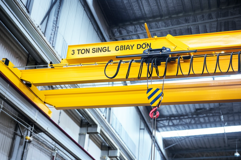 Hình ảnh bảng hướng dẫn an toàn sử dụng cầu trục 3 tấn dầm đơn trong nhà xưởng, với các hình minh họa rõ ràng.