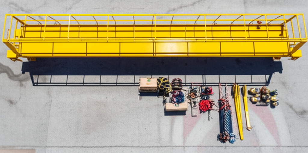 Hình ảnh minh họa quy trình bảo trì cầu trục dầm đơn trong môi trường tự nhiên, chú trọng an toàn lao động.