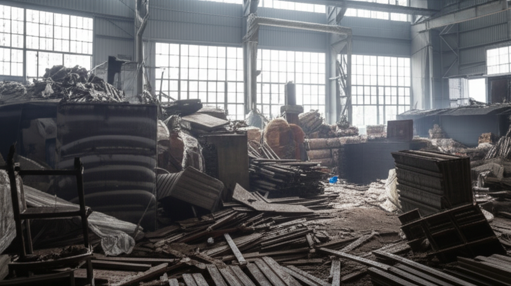 Hình ảnh một nhà xưởng đang gặp khó khăn trong việc di chuyển vật liệu nặng bằng phương pháp thủ công, thể hiện sự vất vả.