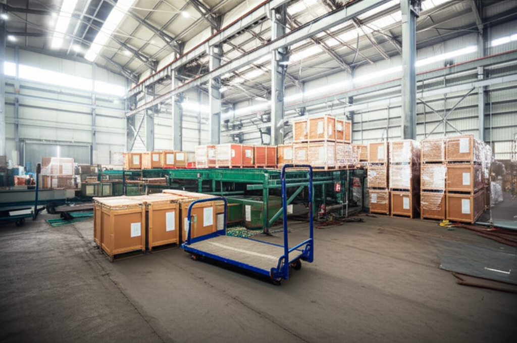 Ảnh chụp nhà máy rộng lớn với các kiện hàng nặng và thiết bị thô sơ, gợi ý về công việc vất vả.