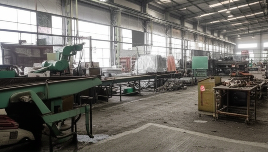 Hình ảnh một xưởng sản xuất với các dấu hiệu của việc di chuyển vật liệu nặng, tập trung vào công cụ và môi trường làm việc.