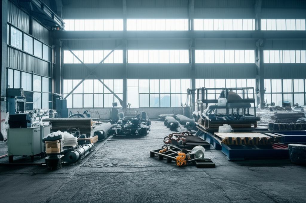 Hình ảnh nhà xưởng công nghiệp với các vật liệu nặng được di chuyển, cho thấy dấu vết của công việc thủ công nặng nhọc.