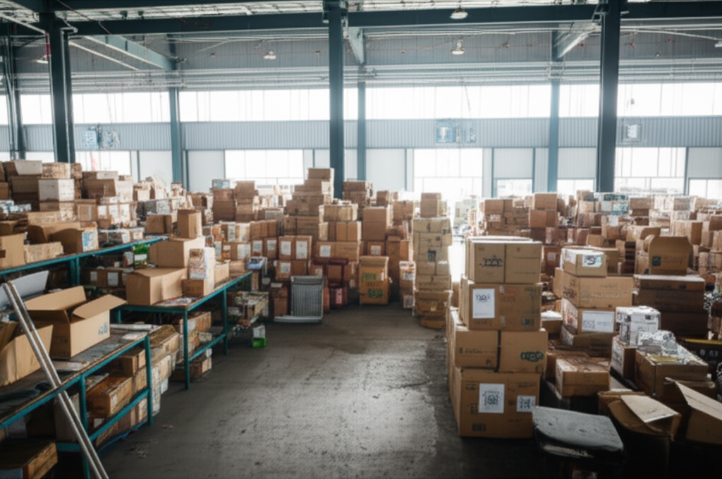 Hình ảnh một nhà máy sản xuất với không gian làm việc lộn xộn và nhiều kiện hàng.