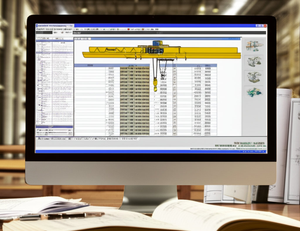 Hình ảnh bảng giá cầu trục 5 tấn dầm đôi hiển thị trên màn hình máy tính, cùng với sách kỹ thuật và bản vẽ.