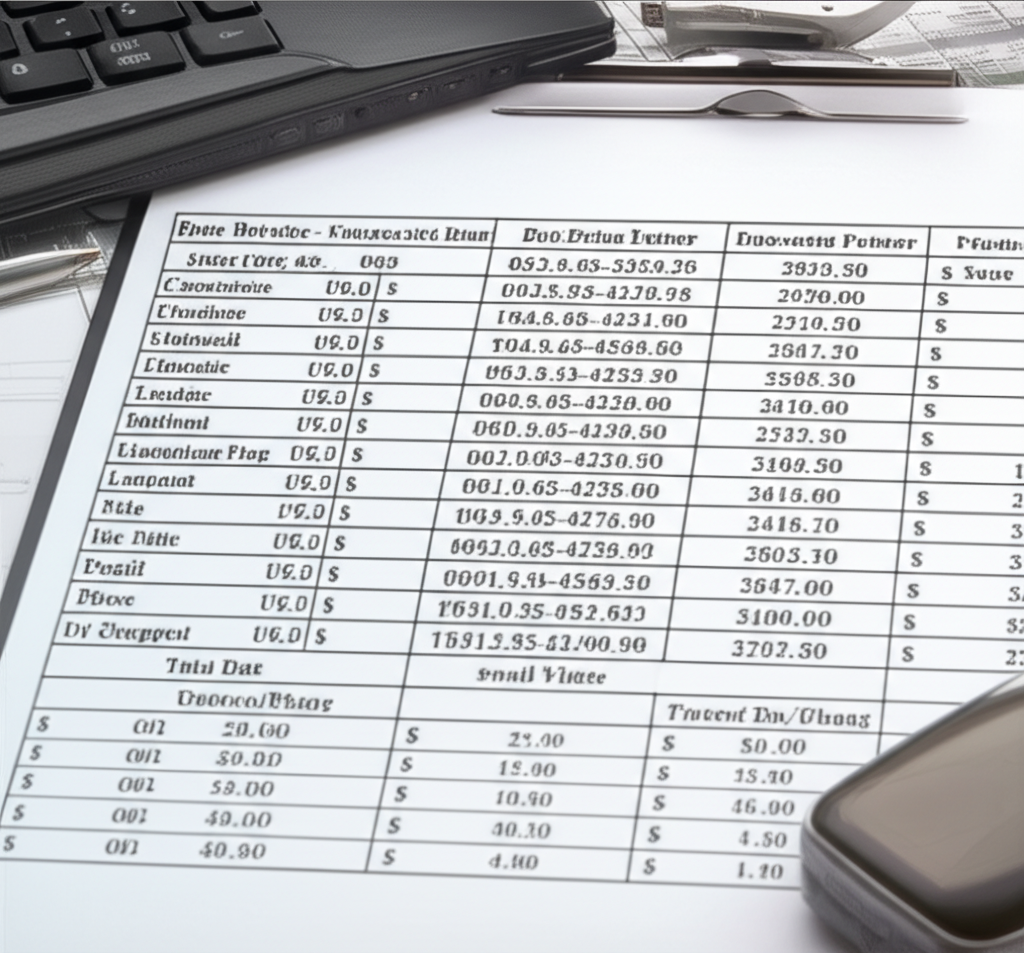 Hình ảnh bảng giá tham khảo các loại dầm cầu trục với thông số kỹ thuật và giá cả, được đặt trong một văn phòng làm việc hiện đại.