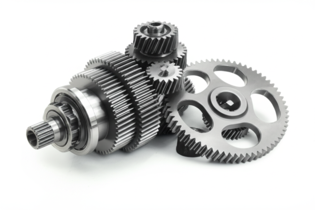 Ảnh cận cảnh bánh răng hộp số cầu trục với các chi tiết gia công chính xác.