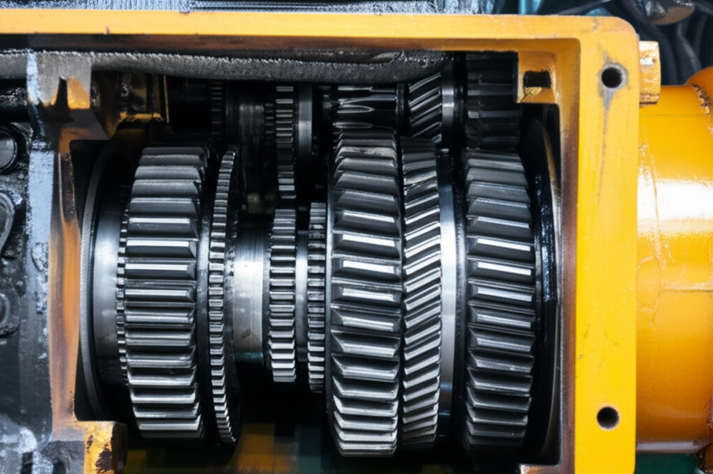 Ảnh cận cảnh các bánh răng ăn khớp trong hộp số cầu trục.
