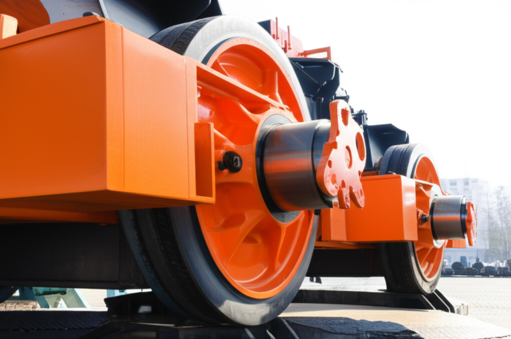 Ảnh chi tiết của bánh xe cầu trục, bao gồm bánh xe, ổ bi và trục.