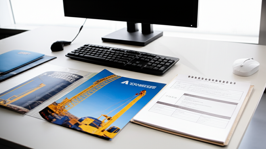Ảnh chụp văn phòng làm việc chuyên nghiệp, có tài liệu và thông số kỹ thuật về cầu trục 5 tấn, không có người.