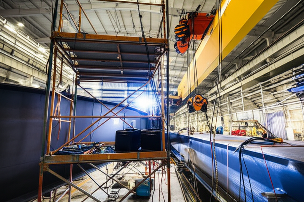 Hình ảnh dầm cầu trục trong nhà máy đang được bảo trì, không có người.