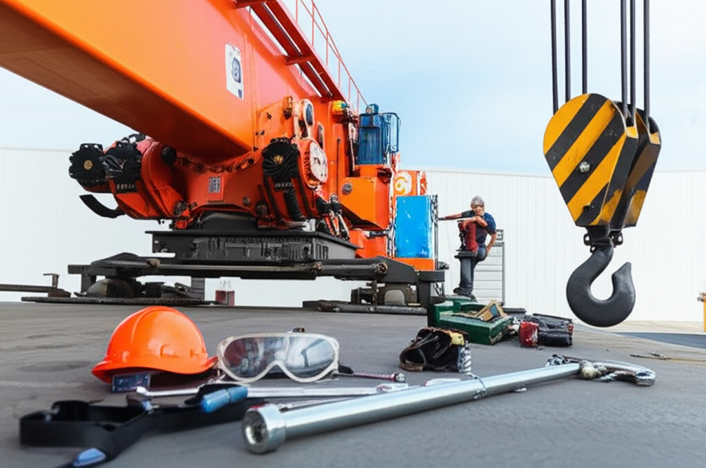 Hình ảnh cầu trục 5 tấn đang được bảo trì, tập trung vào các bộ phận cơ khí và dụng cụ.