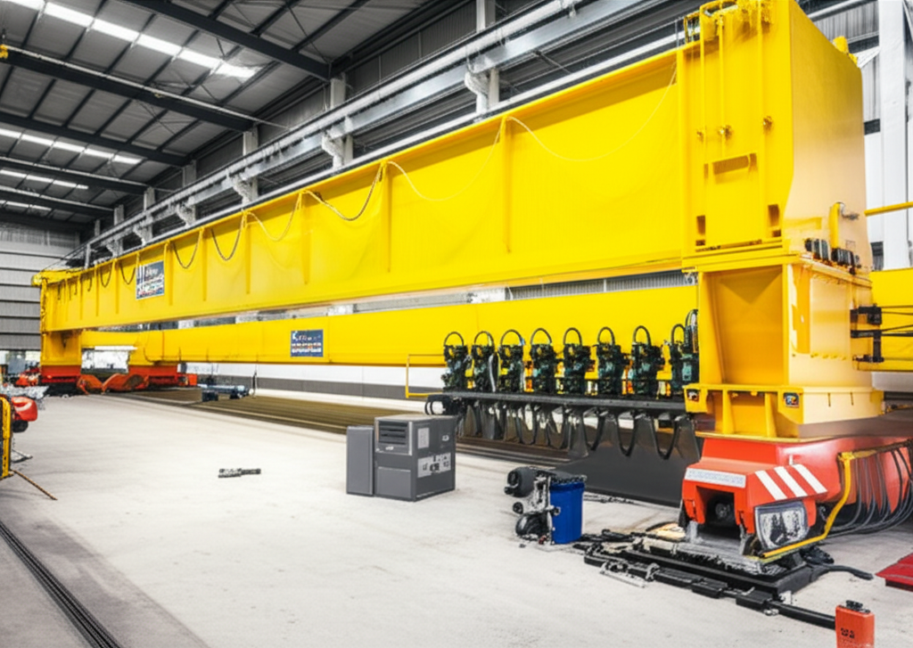 Ảnh chụp cận cảnh cầu trục dầm đôi đang được bảo trì, không có người trong ảnh.