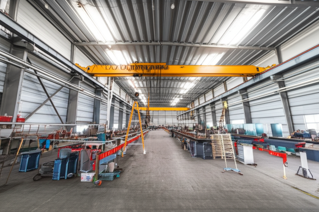 Hình ảnh nhà xưởng với cầu trục đang được bảo trì, tập trung vào máy móc và công cụ, không có người.