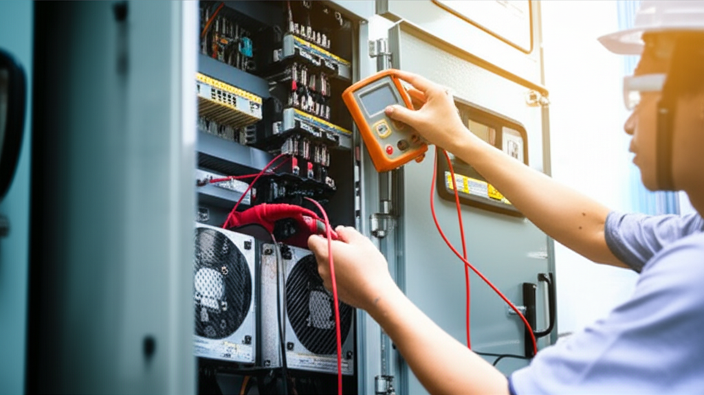 Hình ảnh cận cảnh bảng điều khiển biến tần cầu trục đang được kiểm tra bằng thiết bị đo chuyên dụng.