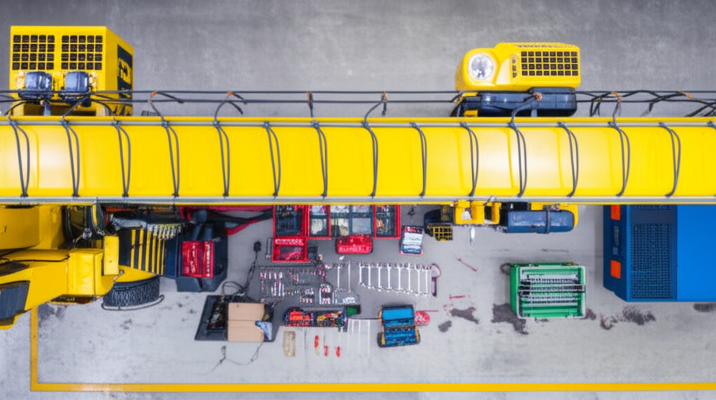 Ảnh chụp cầu trục đang được bảo trì hệ thống chống va, với các dụng cụ và thiết bị bảo trì được sắp xếp gọn gàng xung quanh.