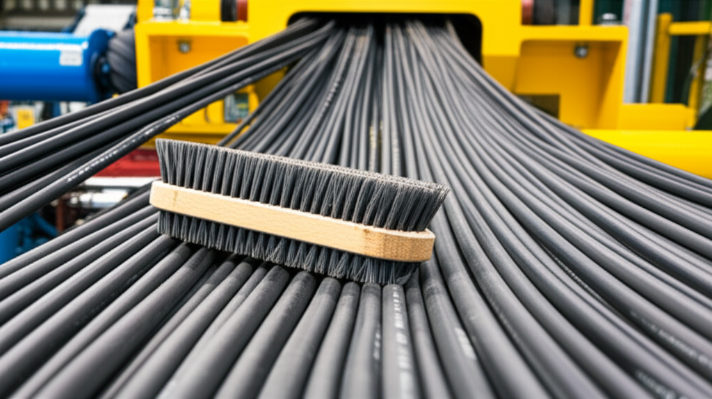 Hình ảnh cận cảnh cáp dẹt trên hệ thống cầu trục trong nhà máy, cho thấy dấu hiệu vừa được vệ sinh và kiểm tra.