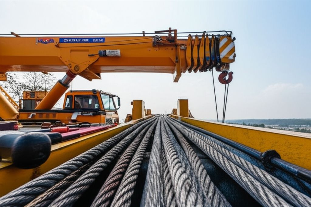 Hình ảnh cầu trục 5 tấn đang được bảo trì, với các bộ phận được bôi trơn và kiểm tra.