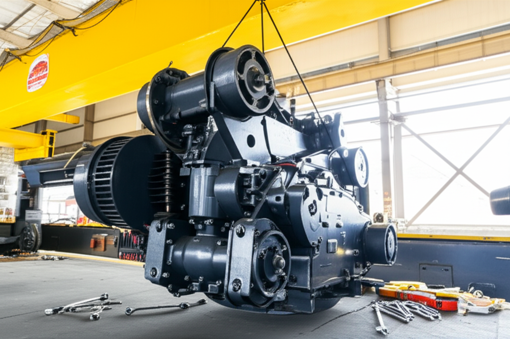 Ảnh chụp cận cảnh một cầu trục 3 tấn trong quá trình bảo trì, với các bộ phận máy móc được chiếu sáng bởi ánh sáng tự nhiên trong nhà xưởng.