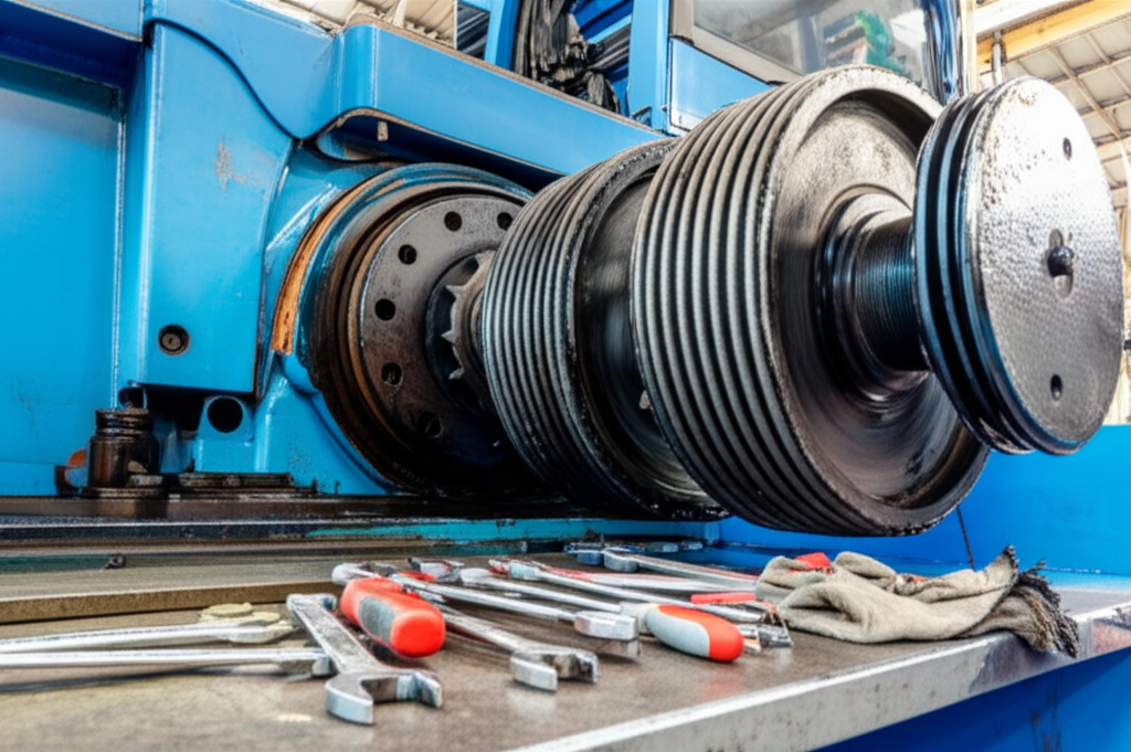 Hình ảnh cầu trục công nghiệp với dấu hiệu bảo trì gần đây, tập trung vào các bộ phận cơ khí.