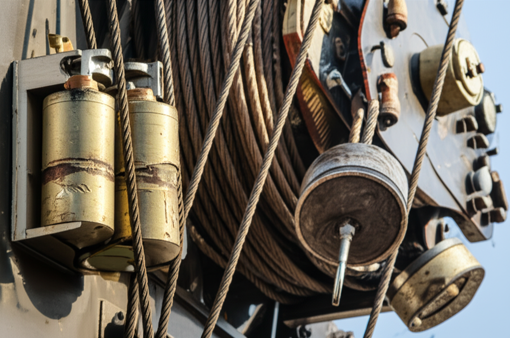 Hình ảnh kiểm tra cáp thép và bôi trơn các bộ phận của cầu trục, tập trung vào công cụ và thiết bị.