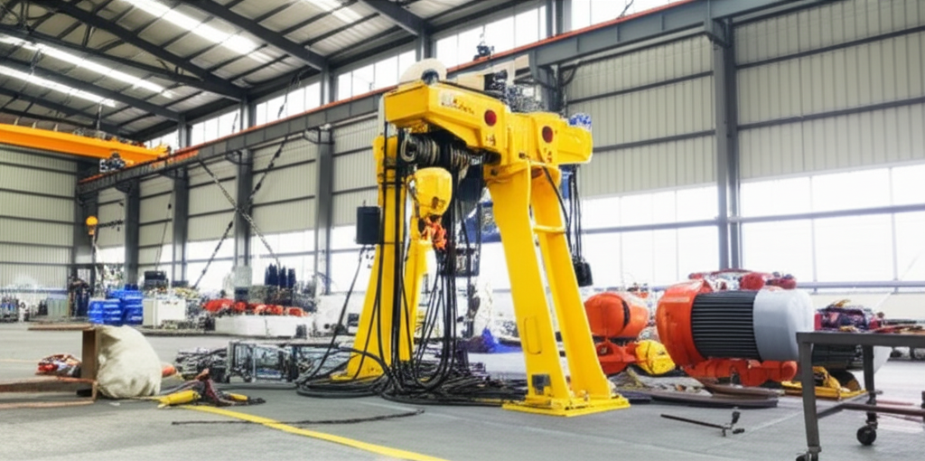 Ảnh chụp palang điện cáp đang được bảo trì trong một nhà máy sáng sủa.