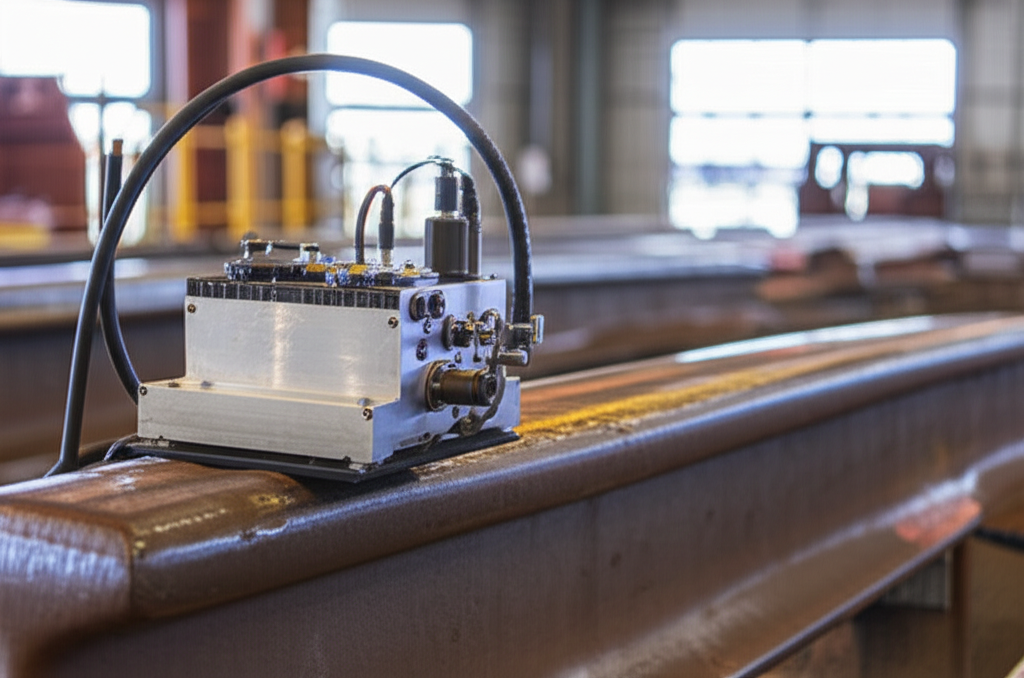 Hình ảnh thiết bị kiểm tra siêu âm trên ray cầu trục, tập trung vào quy trình kiểm tra.