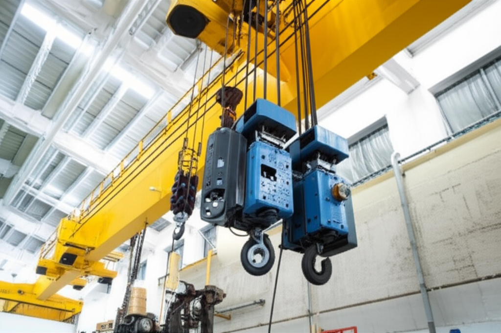 Hình ảnh cầu trục đang được bảo trì, tập trung vào các bộ phận cơ khí như cáp và bánh răng.