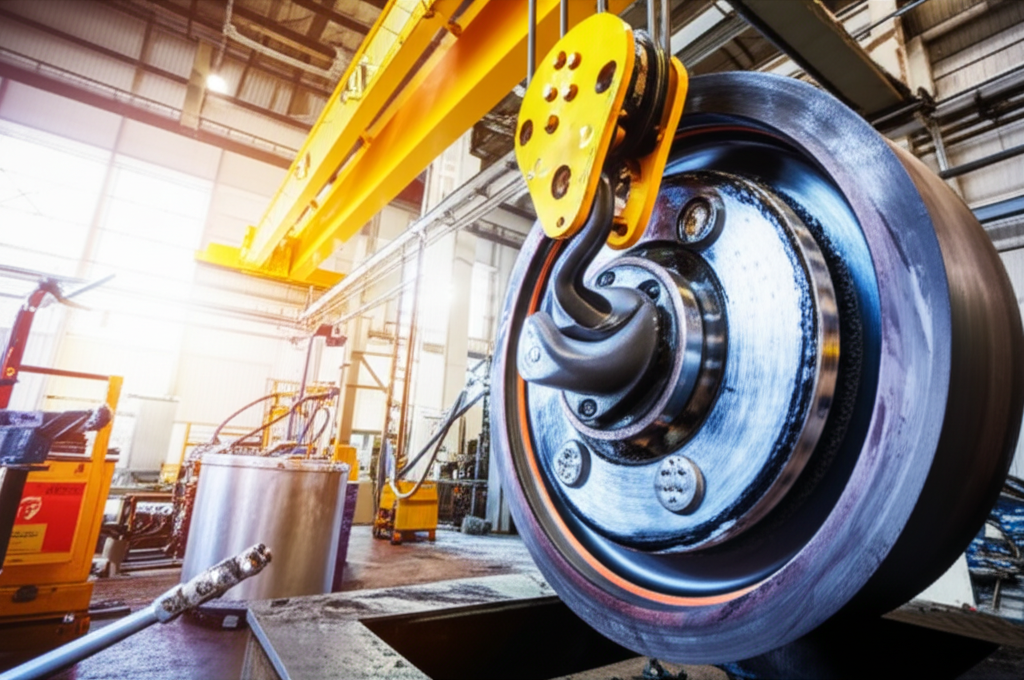 Hình ảnh nhà xưởng với bánh xe cầu trục đang được bảo trì, không có người.