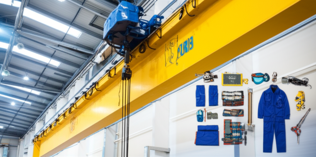 Hình ảnh hệ thống cầu trục đang được bảo trì, với các dụng cụ và đồ bảo hộ lao động đặt gần đó.