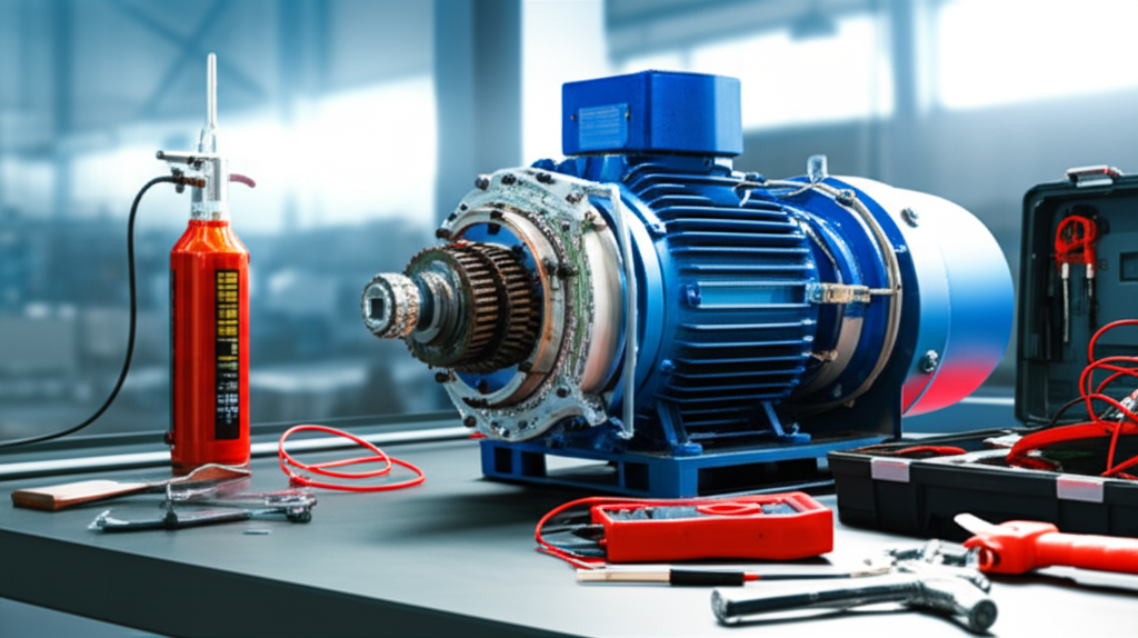 Ảnh chụp cận cảnh xưởng sửa chữa tời điện với các dụng cụ bảo trì chuyên dụng được sắp xếp gọn gàng, không có người.