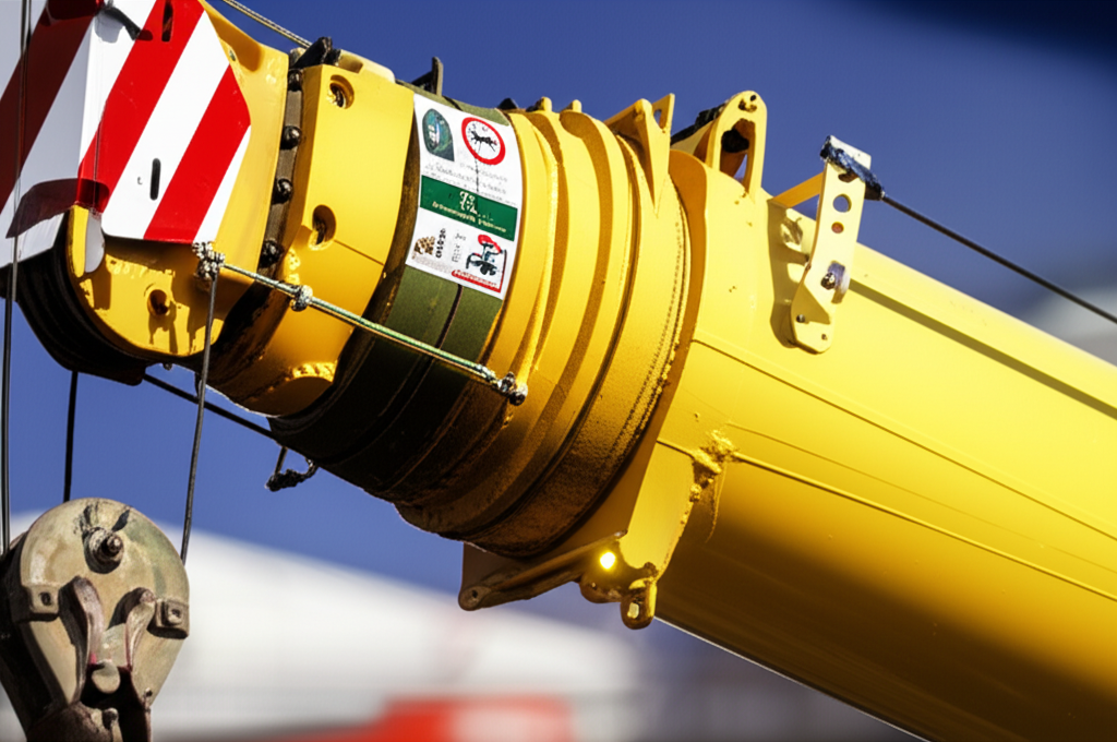 Biển báo an toàn được gắn trên cầu trục xoay, cảnh báo về các nguy cơ tiềm ẩn.