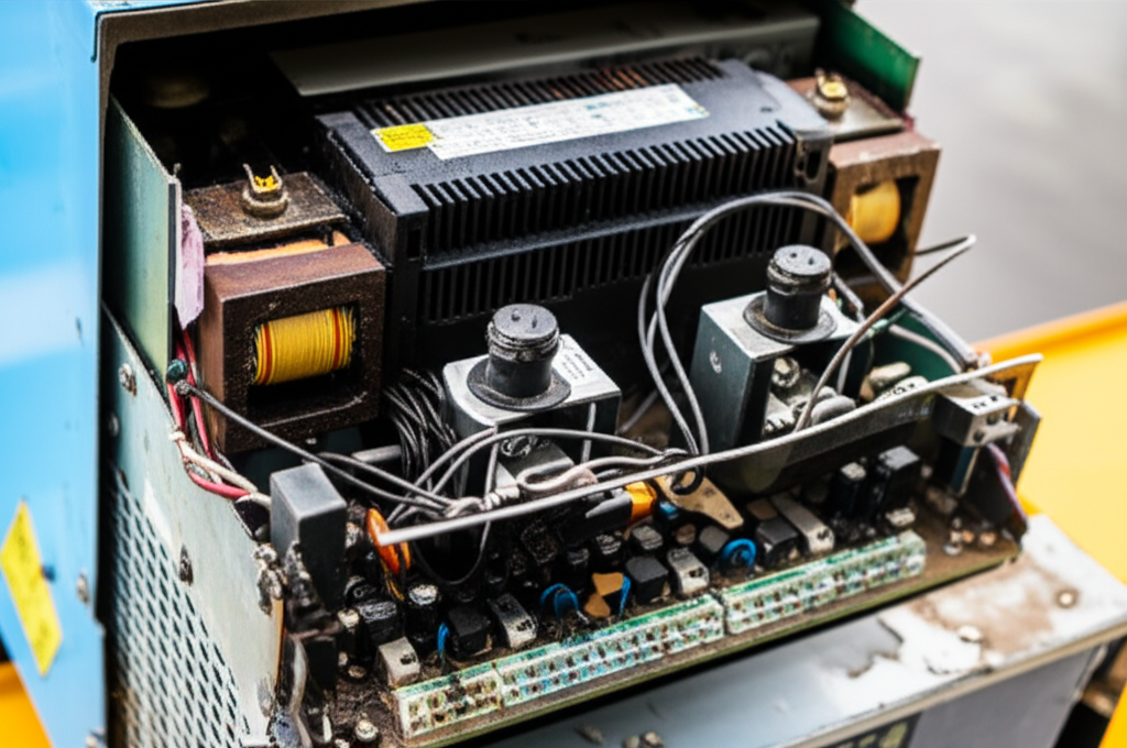 Ảnh biến tần cầu trục bị hư hỏng nặng do cháy, các bộ phận bên trong bị phá hủy.