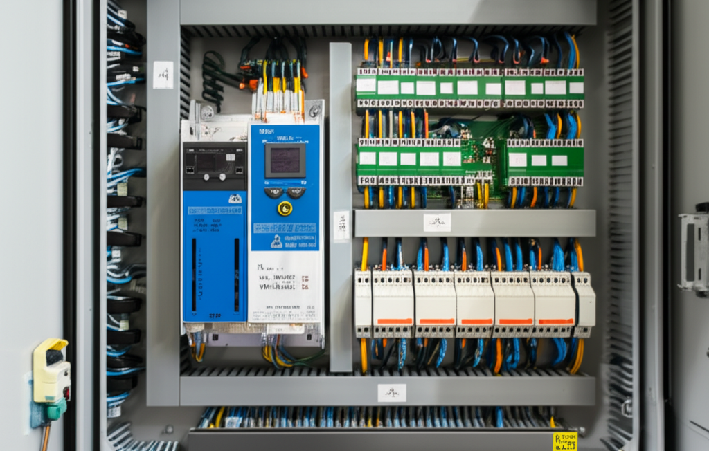 Ảnh chụp biến tần được lắp đặt trong tủ điện điều khiển cầu trục, tập trung vào các thành phần chính.