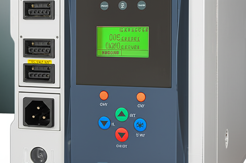 Ảnh cận cảnh biến tần cầu trục, thể hiện rõ các cổng kết nối và màn hình hiển thị thông số hoạt động.