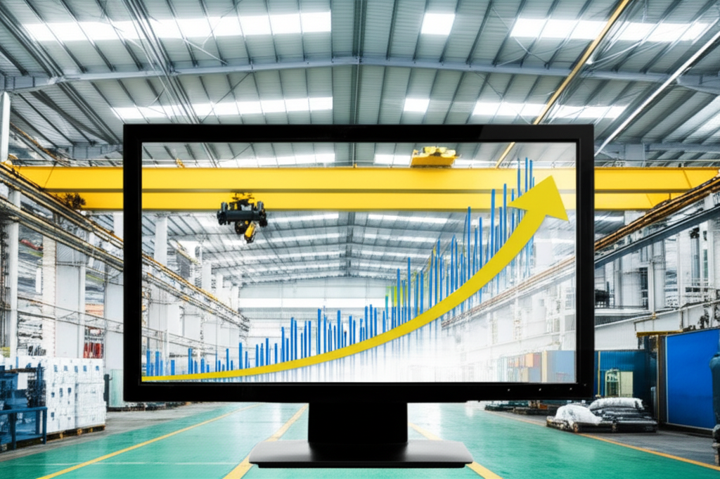 Biểu đồ thể hiện sự tăng trưởng mạnh mẽ, minh họa sự cải thiện về năng suất và lợi nhuận sau khi lắp đặt cầu trục dầm đơn trong một nhà máy hiện đại.