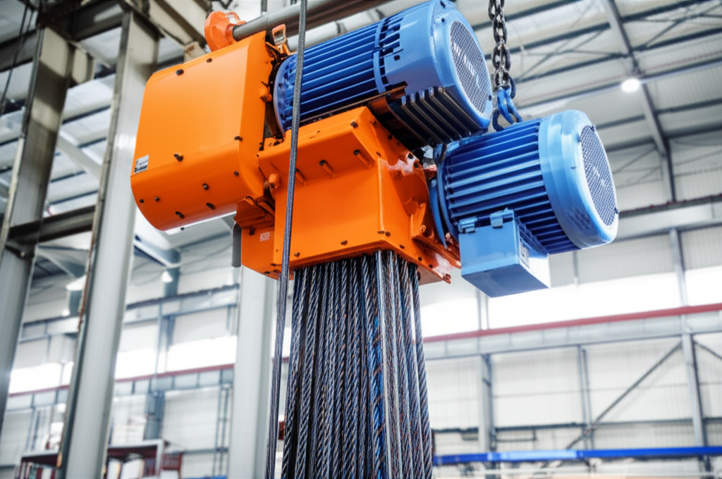 Hình ảnh palang điện cáp được trang bị hệ thống chống va và dây điện mềm trong một nhà xưởng công nghiệp.