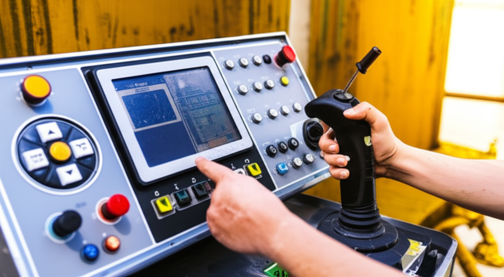 Ảnh chụp bộ điều khiển cầu trục từ xa và bộ điều khiển cầm tay, tập trung vào các nút và màn hình.