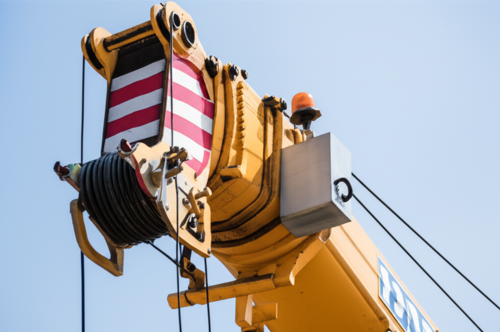 Ảnh chụp cận cảnh cần trục với bộ giới hạn hành trình được lắp đặt, tập trung vào chi tiết các thành phần.