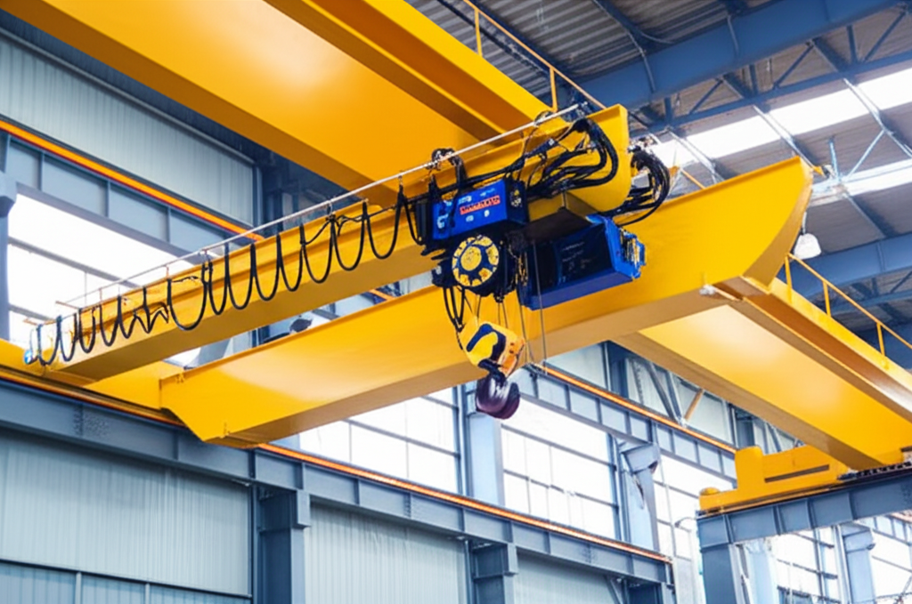 Ảnh chụp cận cảnh cầu trục 5 tấn dầm đôi, tập trung vào palang, dầm chính và hệ thống điều khiển.