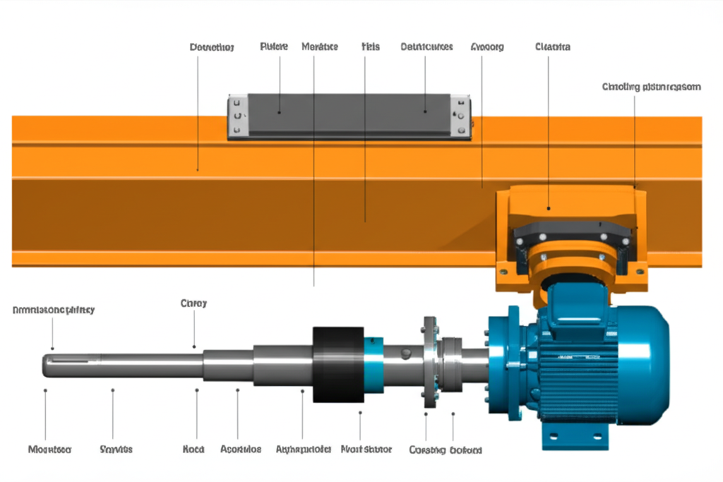 Ảnh chụp mô hình hệ thống truyền động cầu trục với hộp số, động cơ và khớp nối được chú thích rõ ràng.