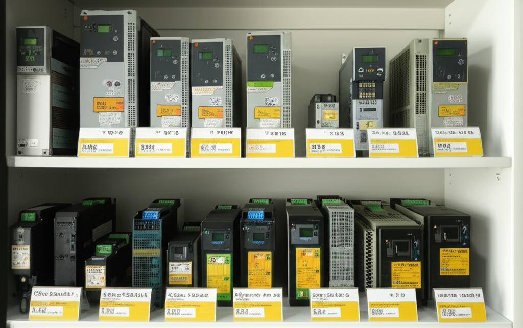 Ảnh chụp các biến tần cầu trục với nhiều kích cỡ và công suất khác nhau được trưng bày trên kệ, nhãn mác ghi rõ thông số kỹ thuật.