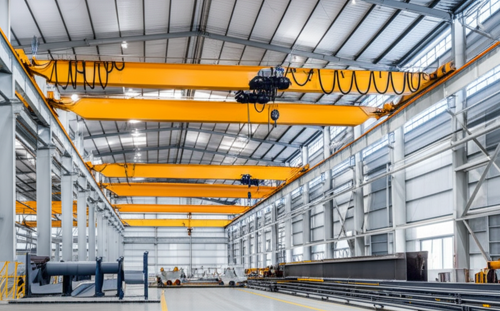 Ảnh chụp các loại cầu trục khác nhau trong nhà máy sản xuất, bao gồm cầu trục dầm đơn, dầm đôi, cầu trục treo và cầu trục quay, được chụp trong điều kiện ánh sáng ban ngày tự nhiên.