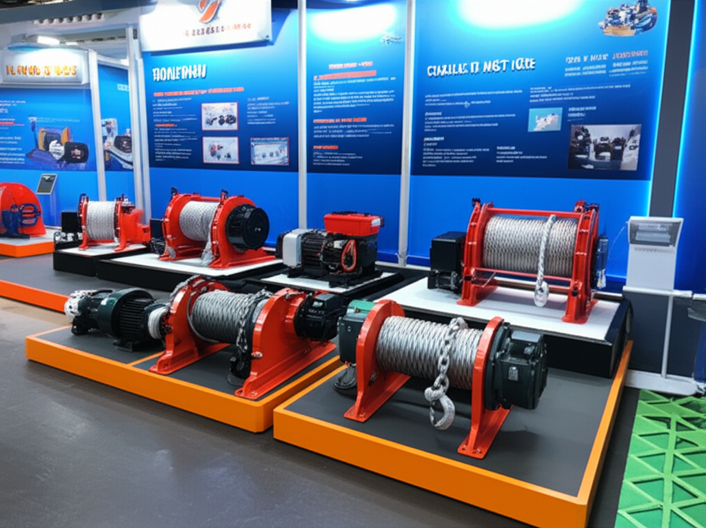 Ảnh chụp các loại tời điện khác nhau được trưng bày trong một showroom hiện đại, bao gồm tời điện xích, tời điện cáp, tời điện mini và tời điện mặt đất.