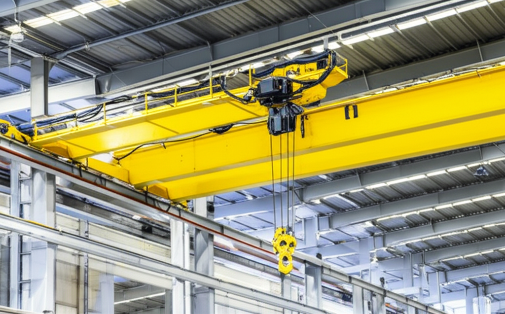 Hình ảnh cầu trục xoay hiện đại trong nhà máy, không có người.