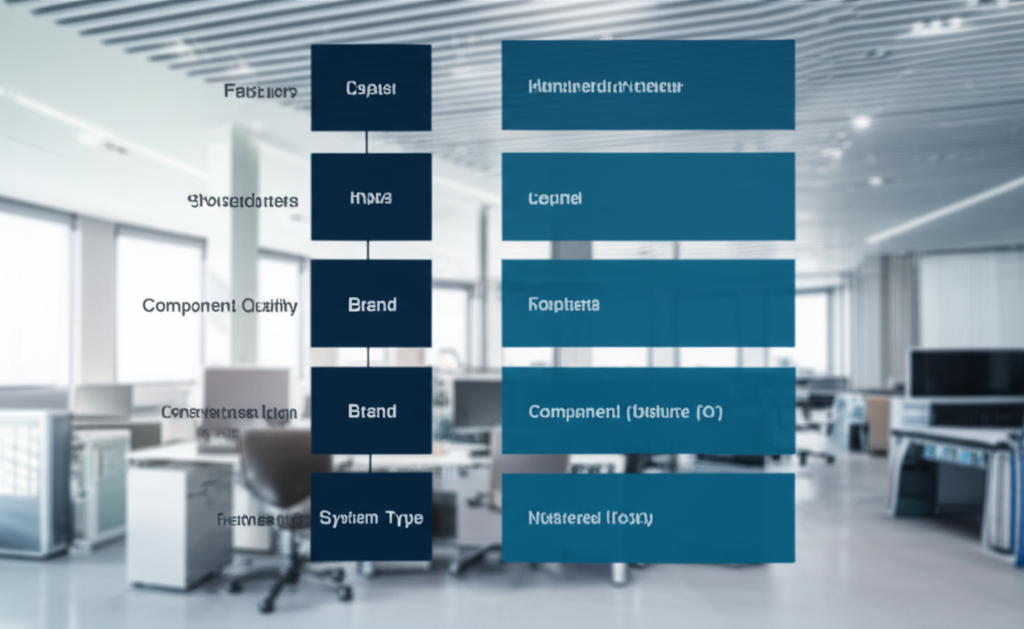 Biểu đồ minh họa các yếu tố ảnh hưởng đến chi phí của hệ thống điều khiển, bao gồm loại hệ thống, thương hiệu, chất lượng linh kiện và tính năng.