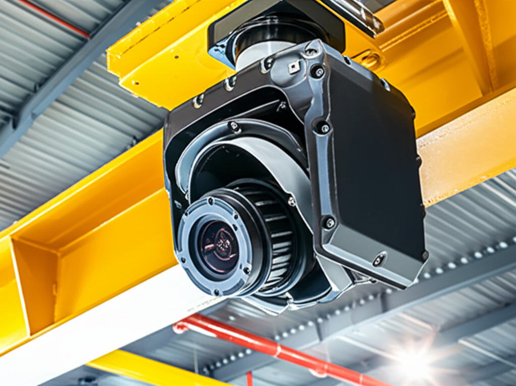 Ảnh cận cảnh một camera giám sát cầu trục chuyên dụng với ống kính chất lượng cao, được gắn trên dầm cầu trục trong nhà máy.