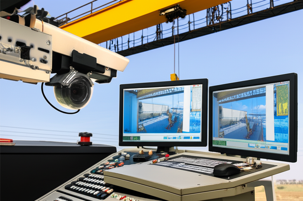 Hình ảnh từ camera giám sát được gắn trên cầu trục, hiển thị trên màn hình điều khiển.